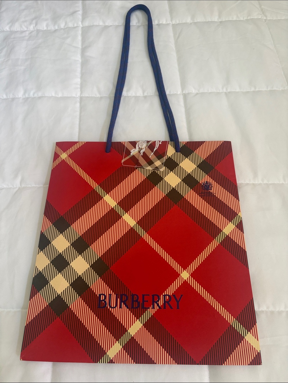 Burberry Red Plaid Tote‎ with Navy Handles 10 x 11“